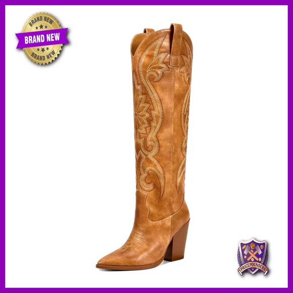 Women's Cowboy Knee High Boots Embroidered Pointed Toe Chunky Heel Slip On